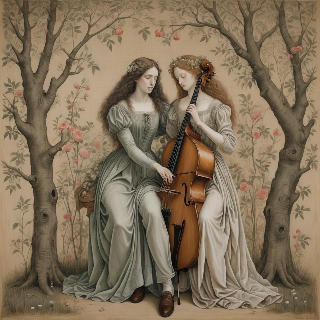 Pre-Raphaelite Couple in Surreal Silverpoint Drawing