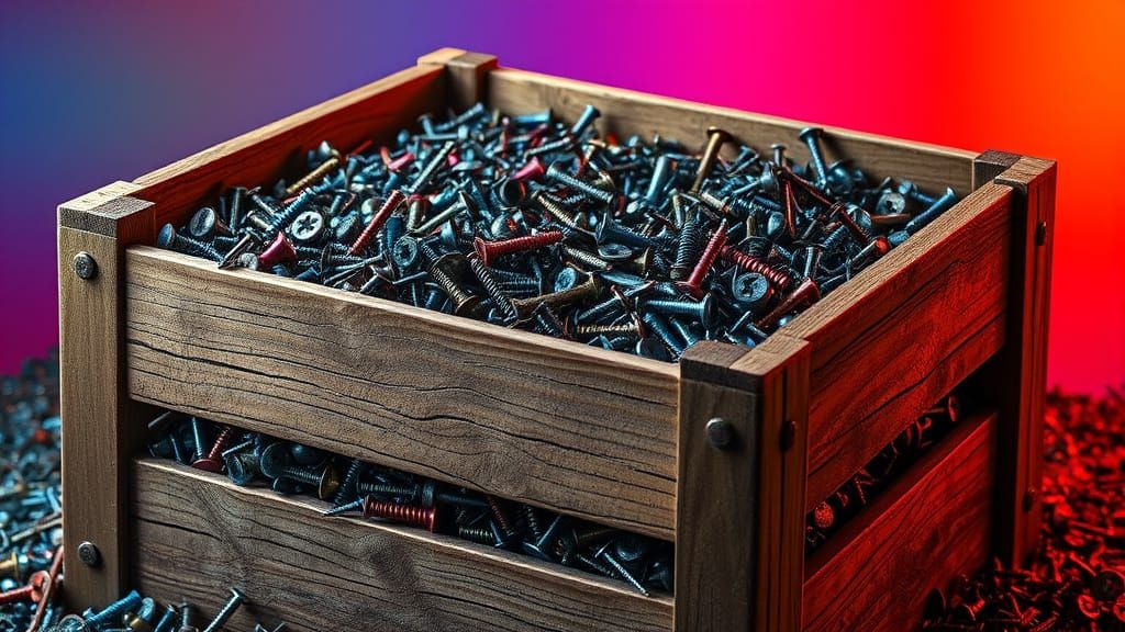 Colorful Nails and Screws Mix in Wooden Crate