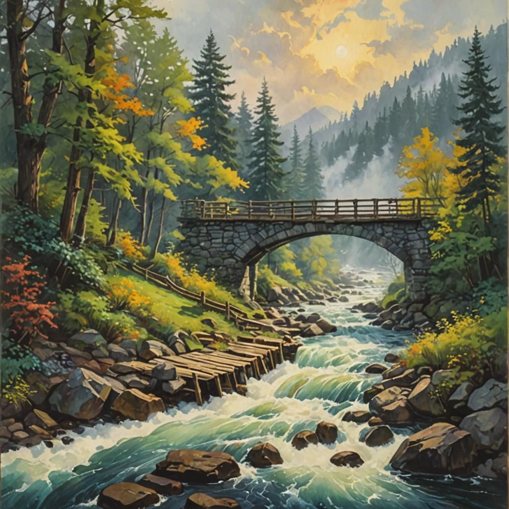 Turbulent River Footbridge in Gouache Impressionist Style