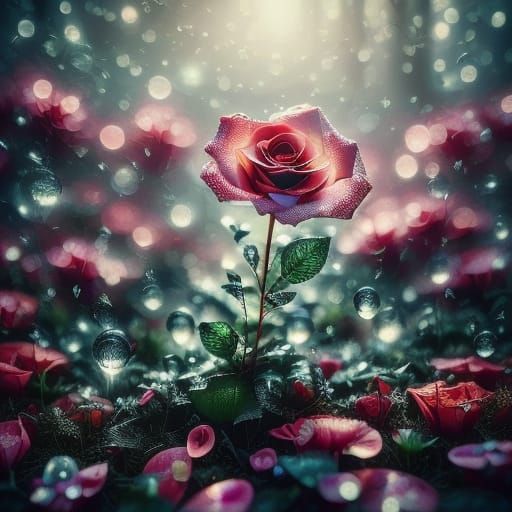 Floating Rose Petals Reflected in Dewdrop, Digital Art