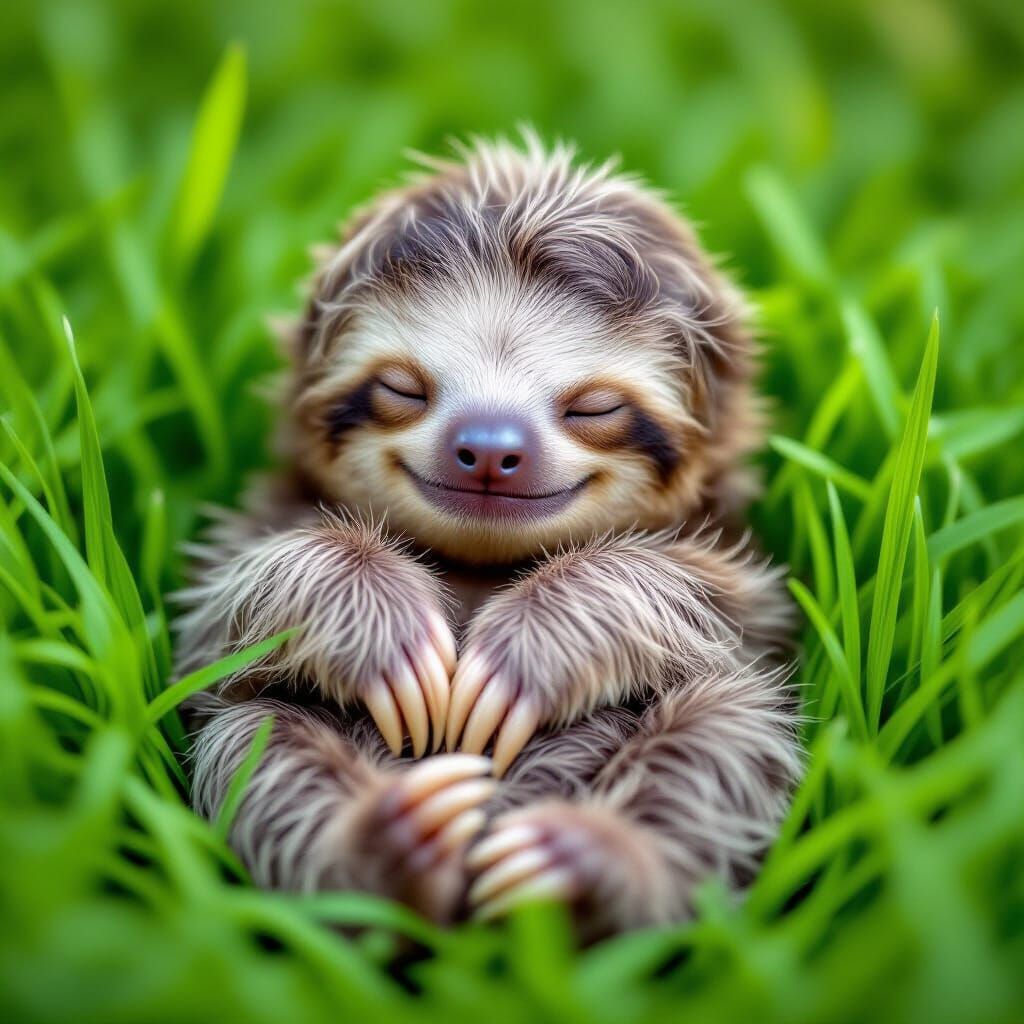 Adorable Baby Sloth Sleeping Peacefully in Lush Grass