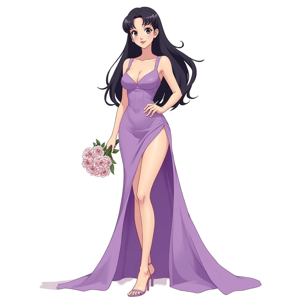 Elegant Anime-Inspired Female Character in Vibrant Purple Dr...
