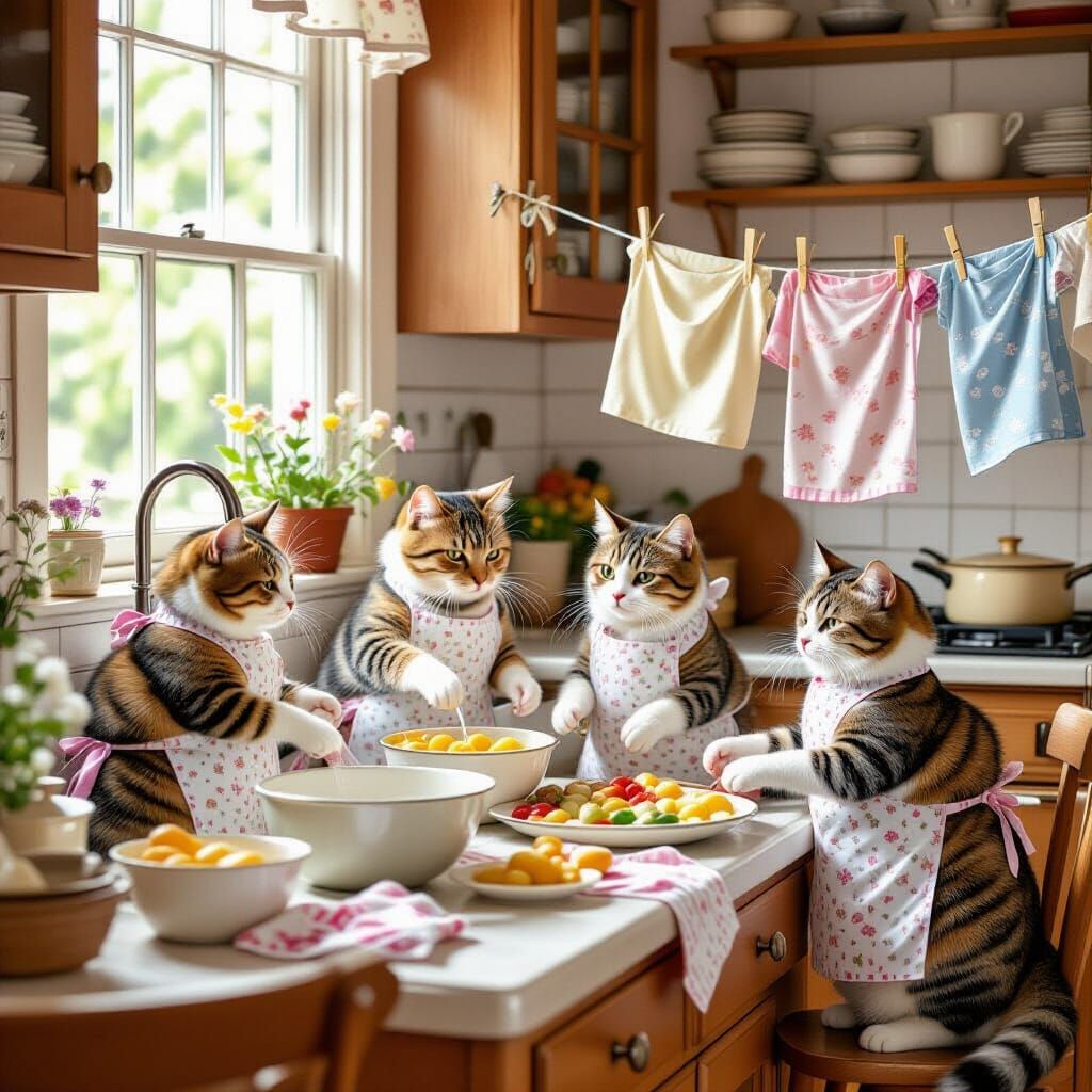 Cats in Aprons Cooking a Feast in a Whimsical Kitchen
