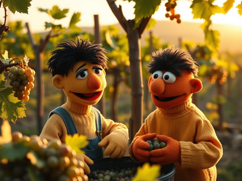 Bert and Ernie Harvest Grapes in a Vintage Vineyard Scene