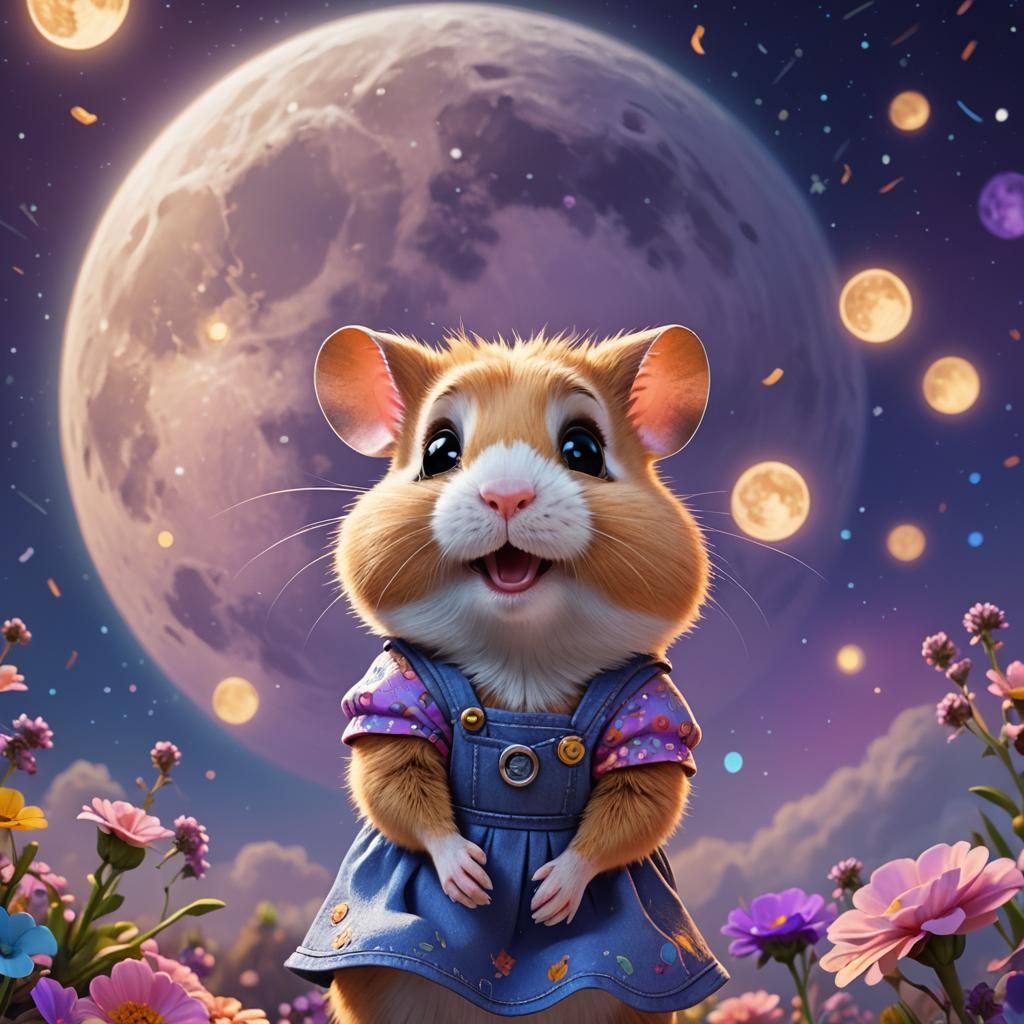 Cute Hamster Gazing at Supermoon, Pixar Style