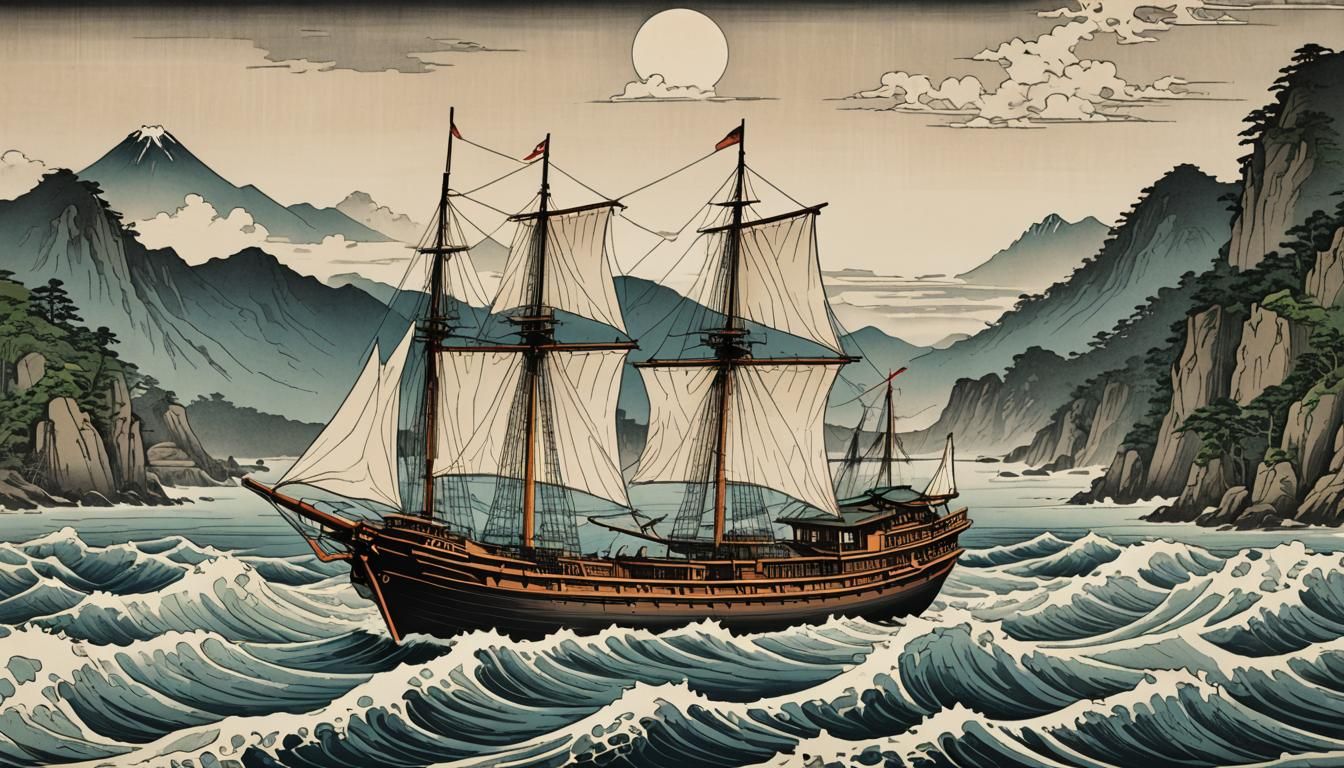 Japanese Boat on Inland Sea: Ukiyo-e Woodcut Print