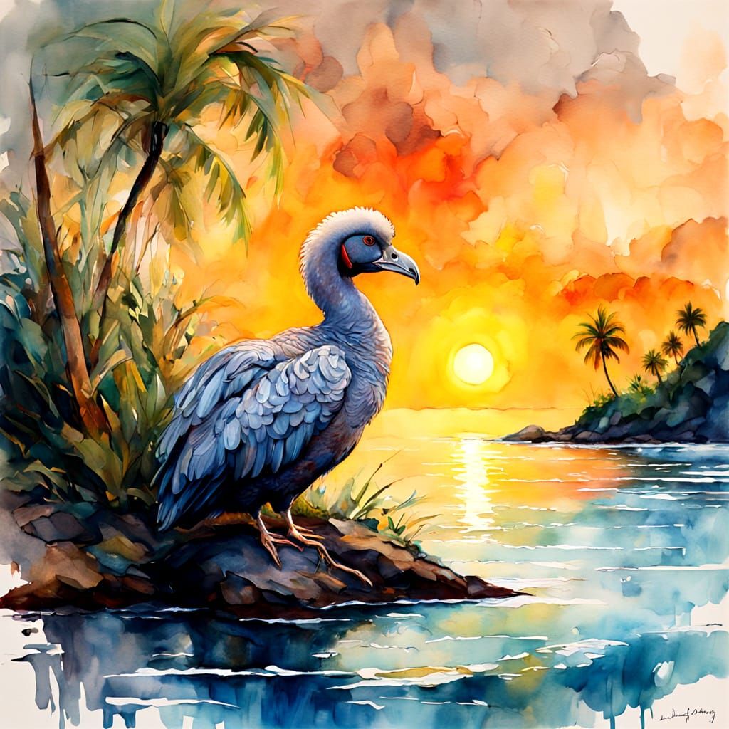 Dodo Bird on Island at Sunset Watercolor Painting