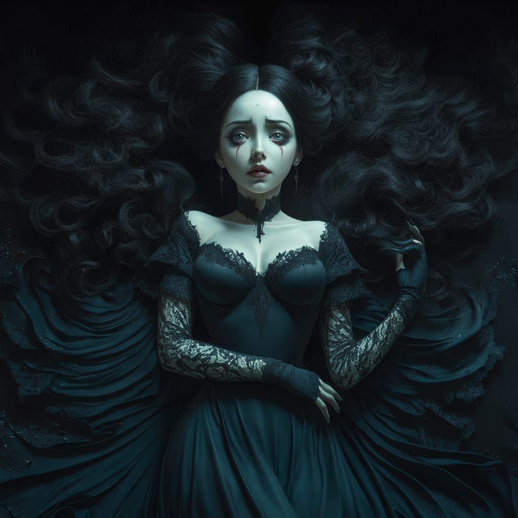 Enigmatic Woman in Raven Dress: Matte Painting