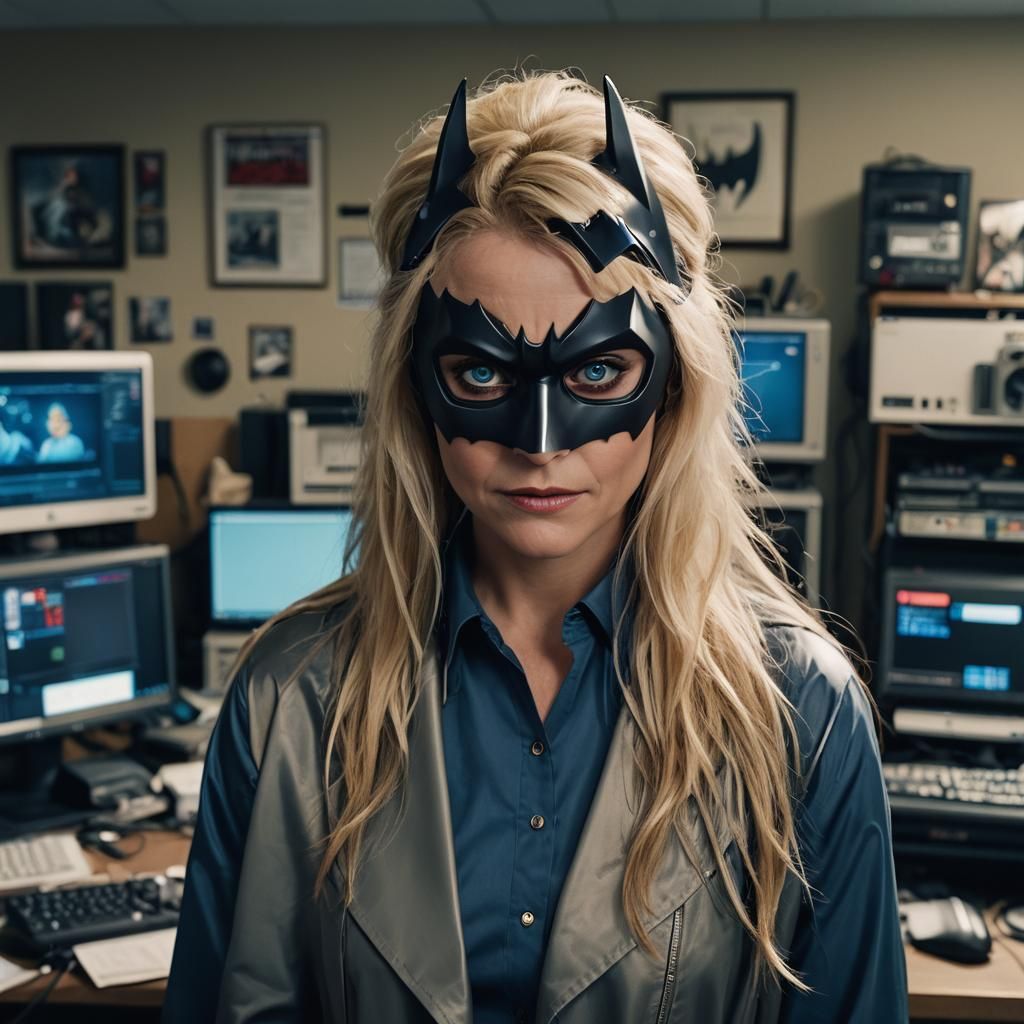 Resilient Woman with Batman Mask: Cinematic Film Still
