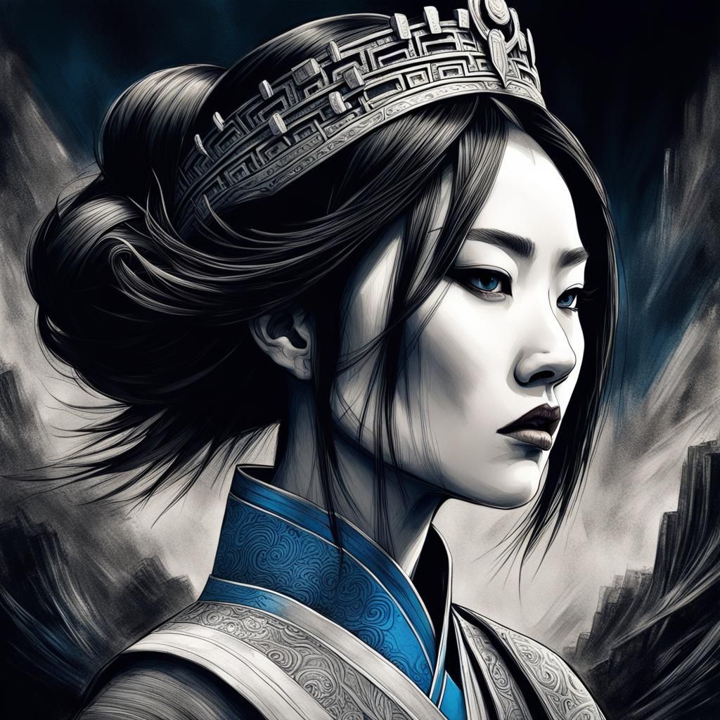 Surreal Art Deco Princess in Expressionist Charcoal Drawing