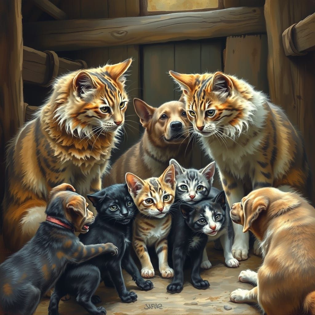 Cats Defending Kittens in Rustic Barn, Wildlife Art Style