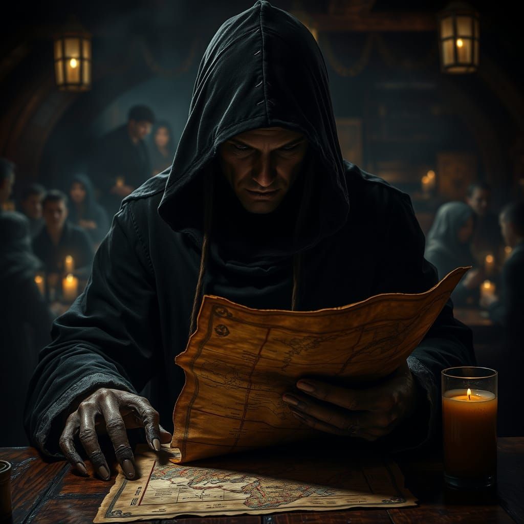 Dark Figure Pores Over Ancient Map in Mysterious Tavern