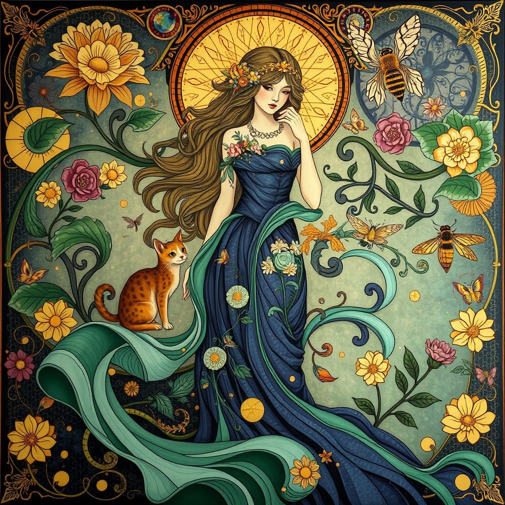 Art Nouveau Goddess in Whimsical Wonderland