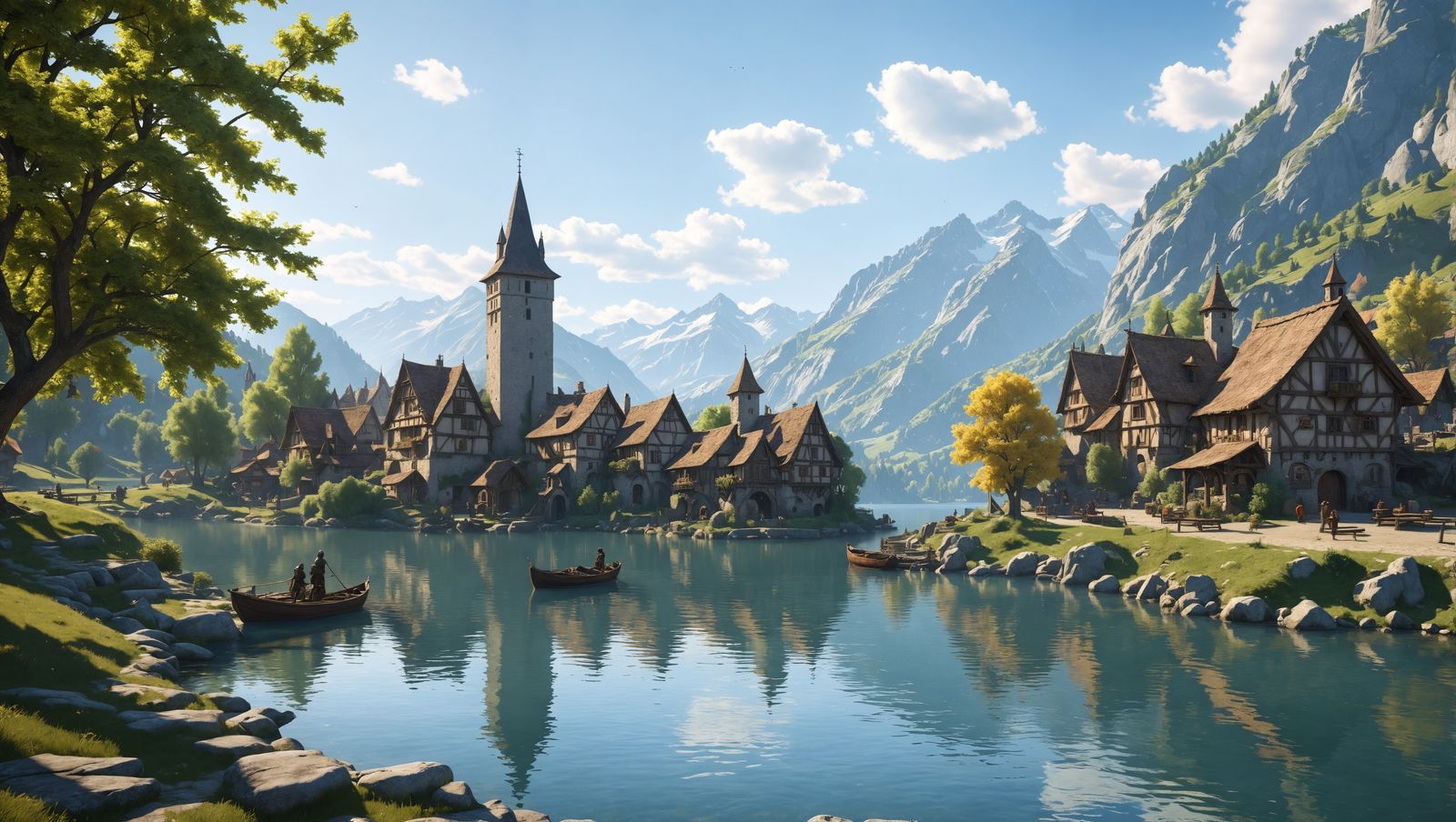 Sunny Medieval Village by Lake: 8K Unreal Engine