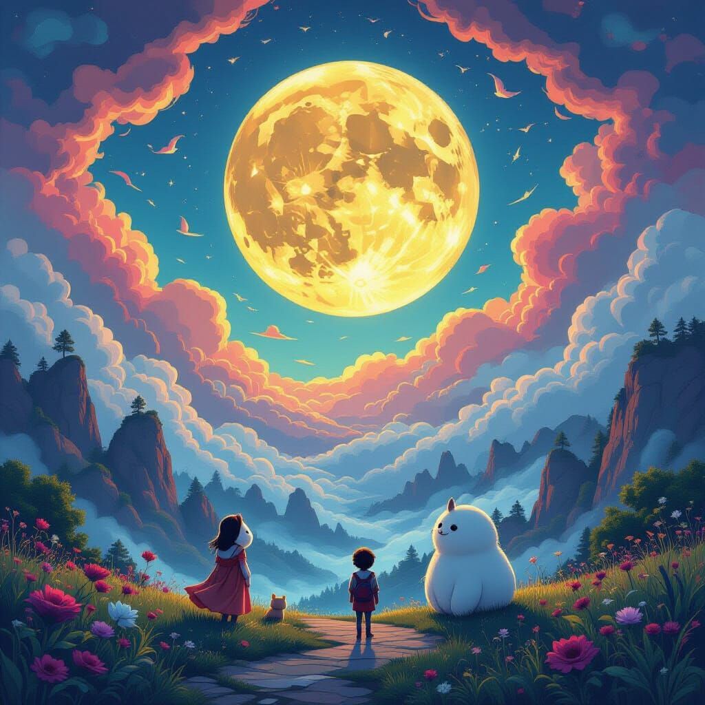 Whimsical Moon Dreamers in a Surreal Landscape