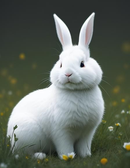 White Rabbit in Meadow, Hyperrealistic Photo