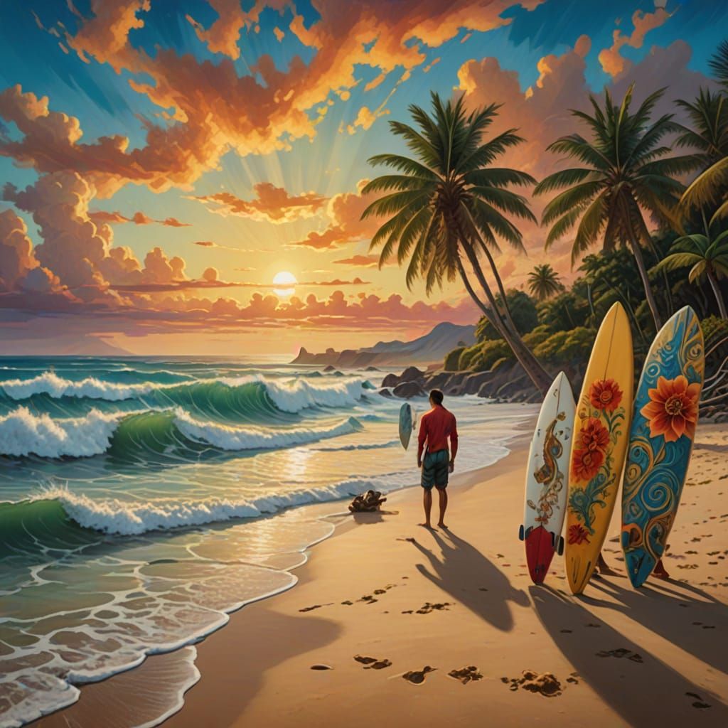 Vibrant Expressionist Beach Scene with Surfers