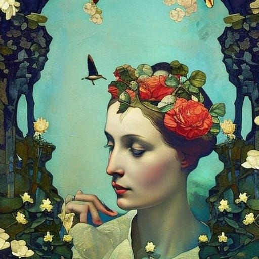 Detailed Grotto Portrait in Art Nouveau Style