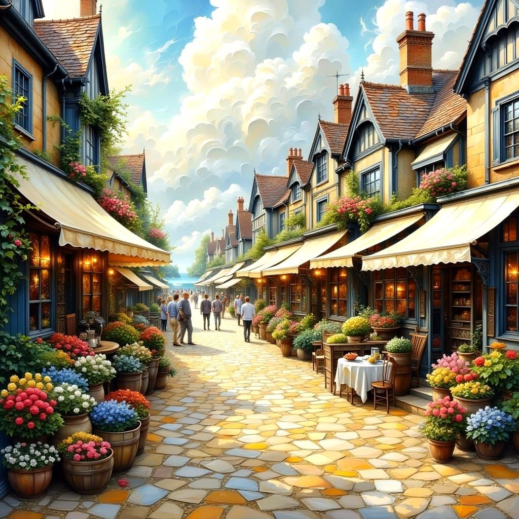 Coastal Market Town in Impasto Oil Painting Style