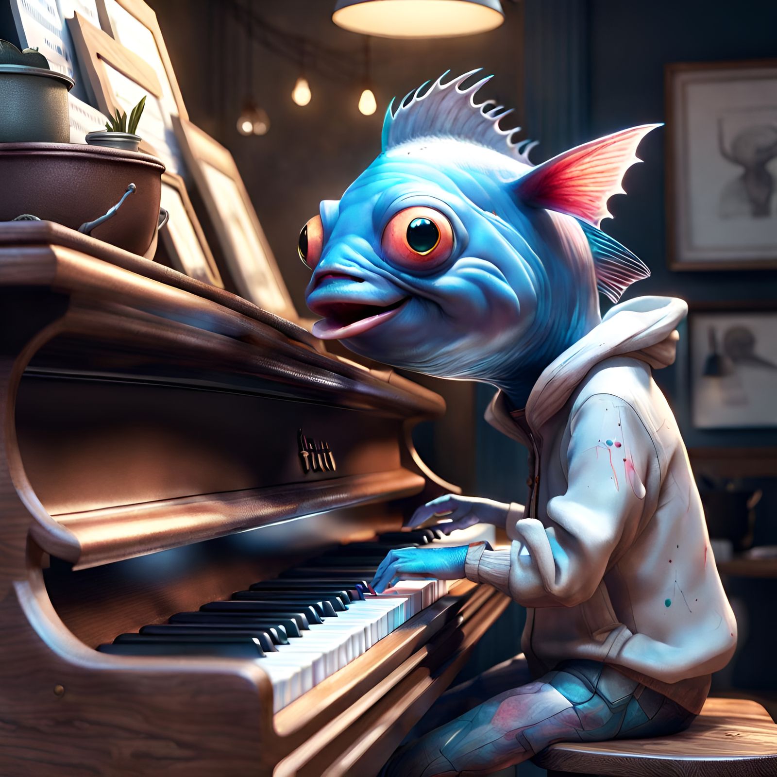 Anthropomorphic Tuna Fish Plays Piano, Digital Art