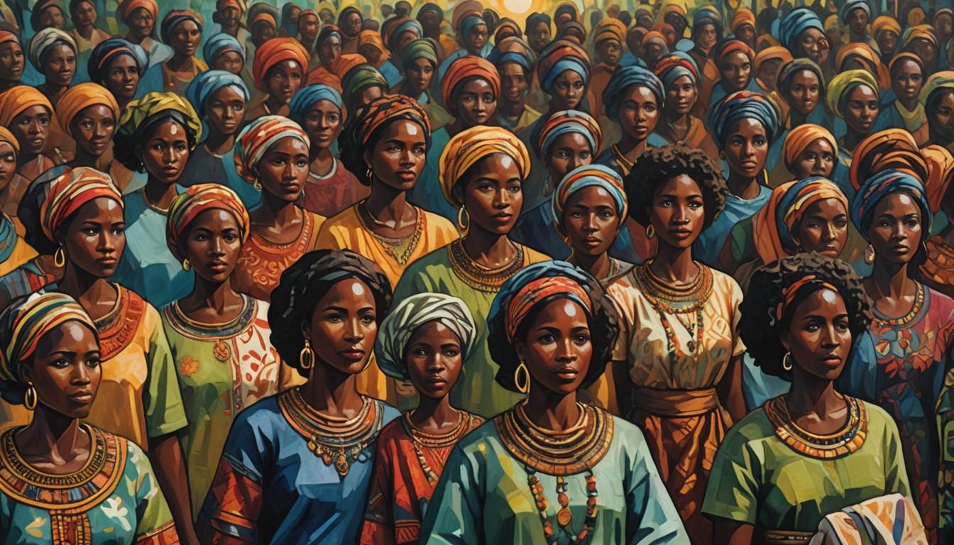 Black Women Leading Community in Folk Art Style