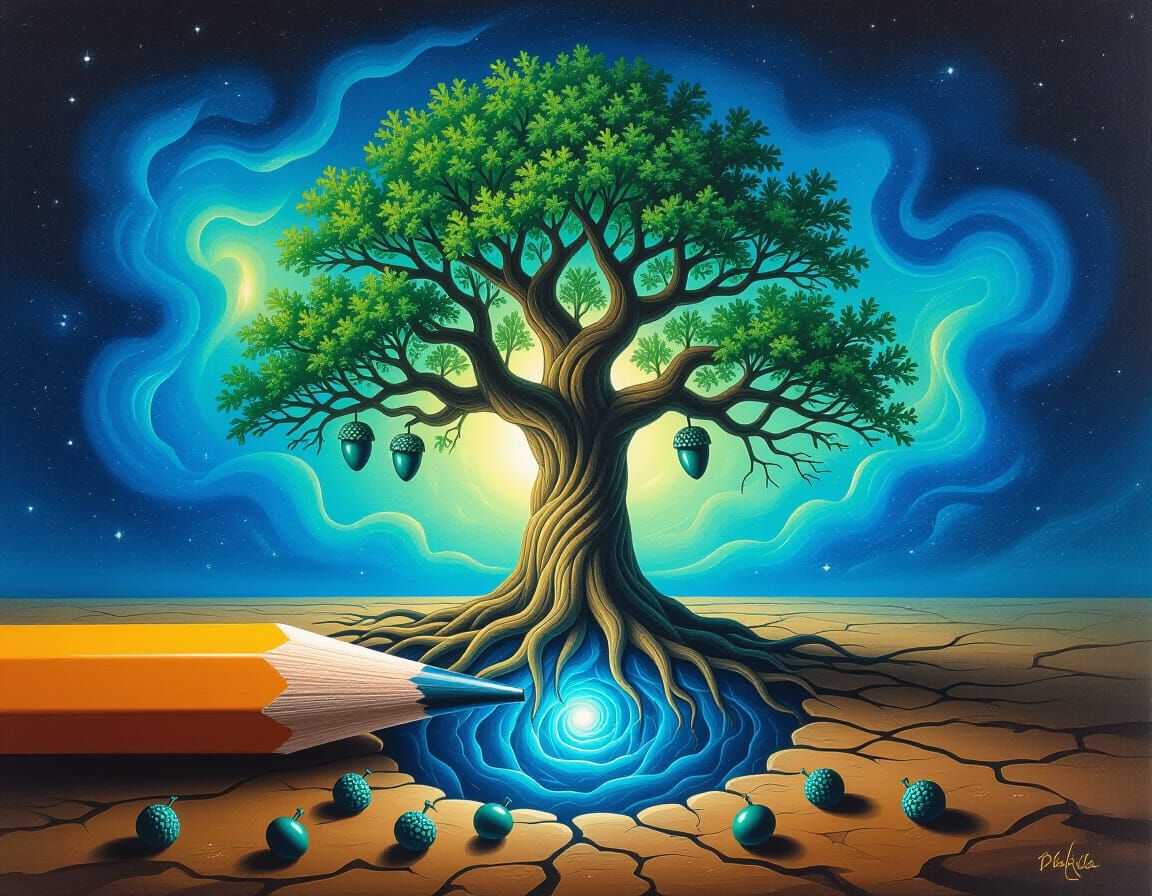 Pencil Transforms Into Ancient Oak Tree in Nebula