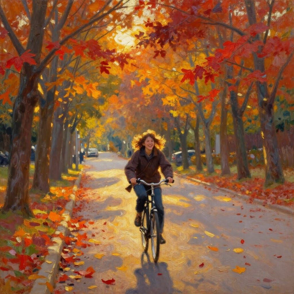 Joyful Bicycle Ride in Golden Autumn Light