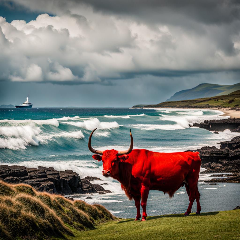 Scarlet Bull Gazing at the Ocean Shore