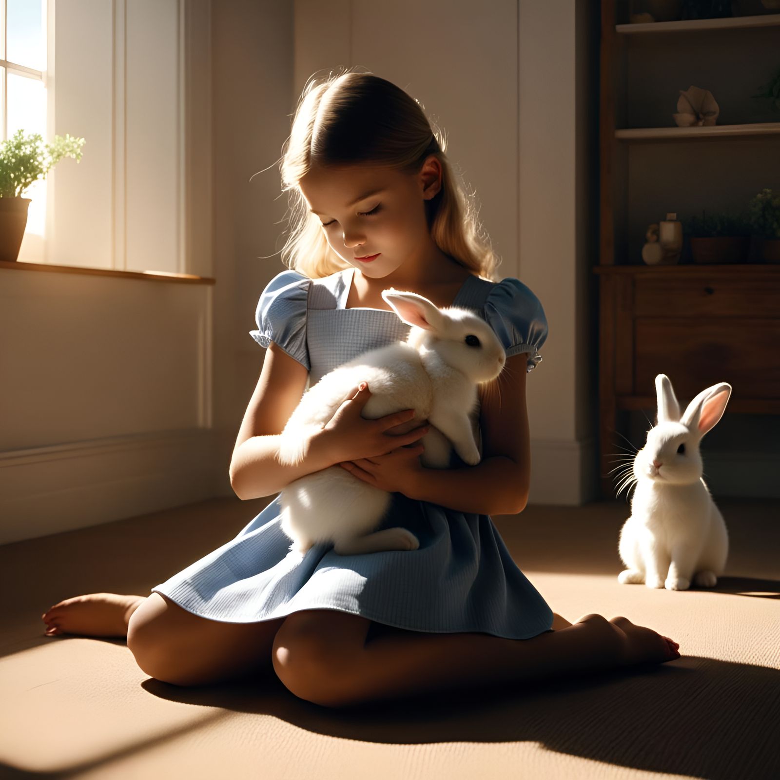 Girl with Bunny in Sunny Room: Cinematic Lighting