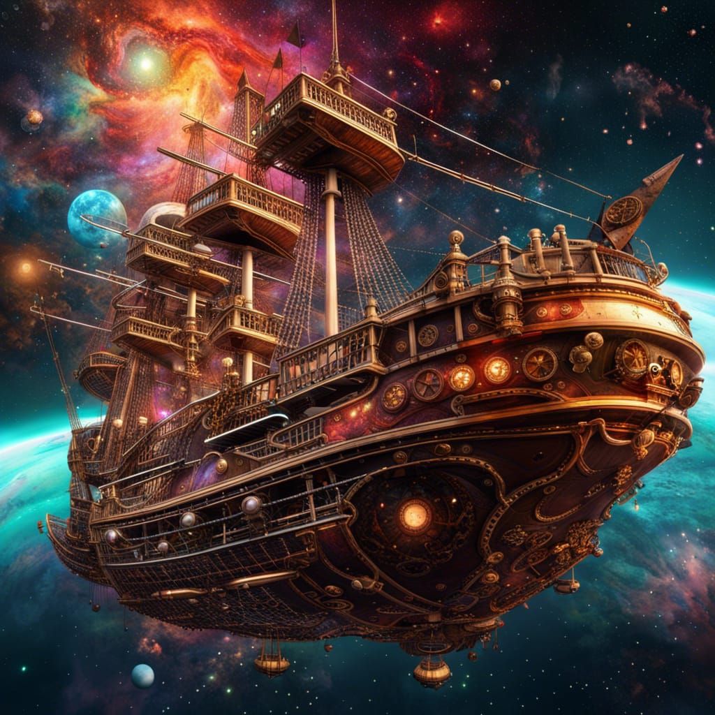 Steampunk Pirate Galleon Soaring Through Space
