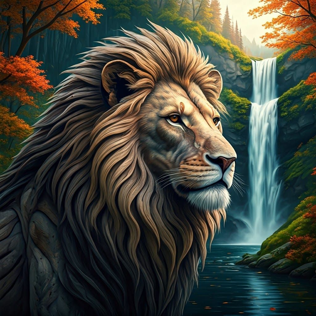 Driftwood Lion in Autumn Forest, Cinematic Woodcraft