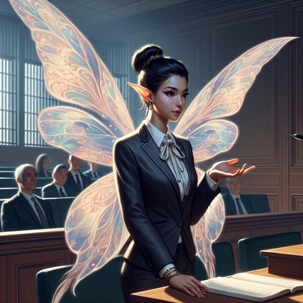 Fairy Lawyer in Courtroom with Pastel Wings