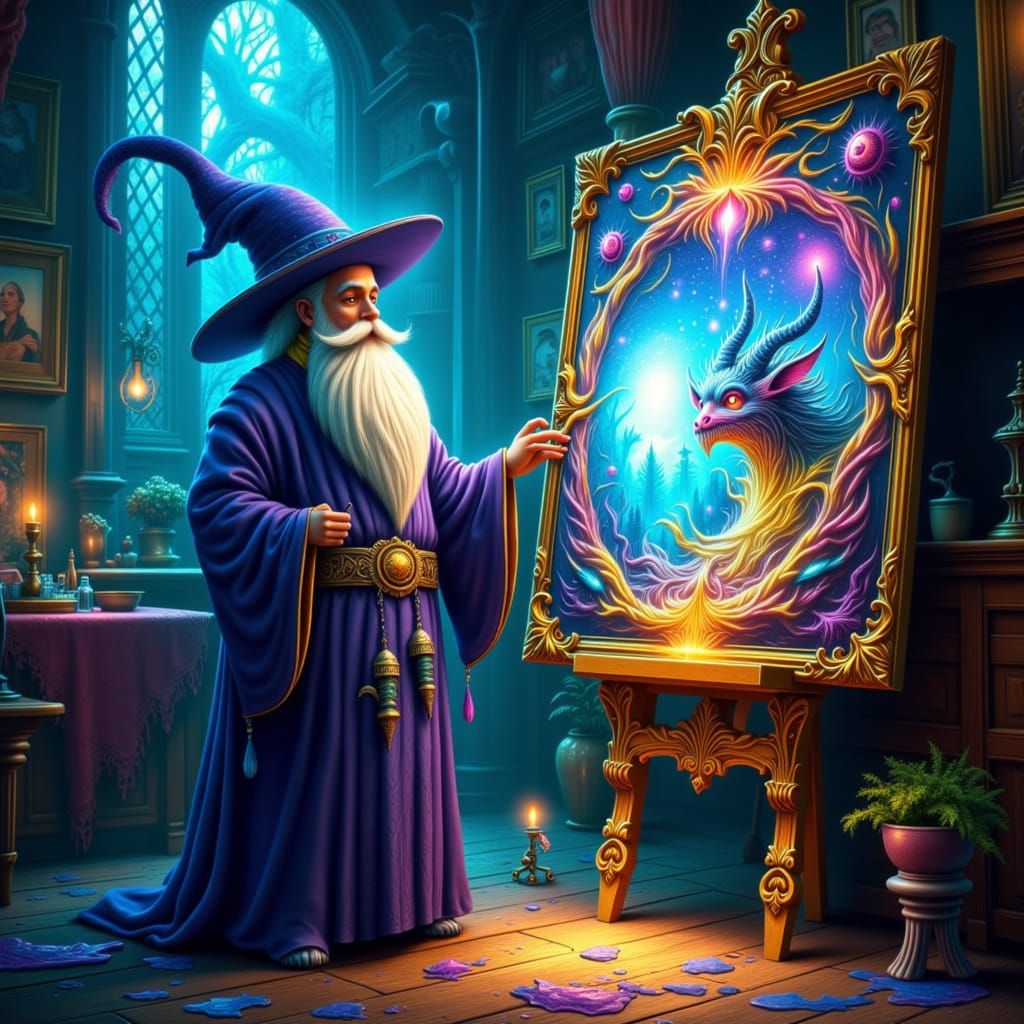 Wizard Conjures Creatures from Painting in Surreal Style