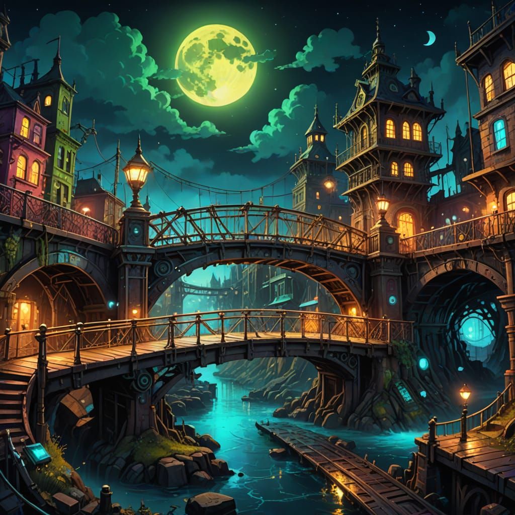 Steampunk Bridge of Wonders Illuminated at Night