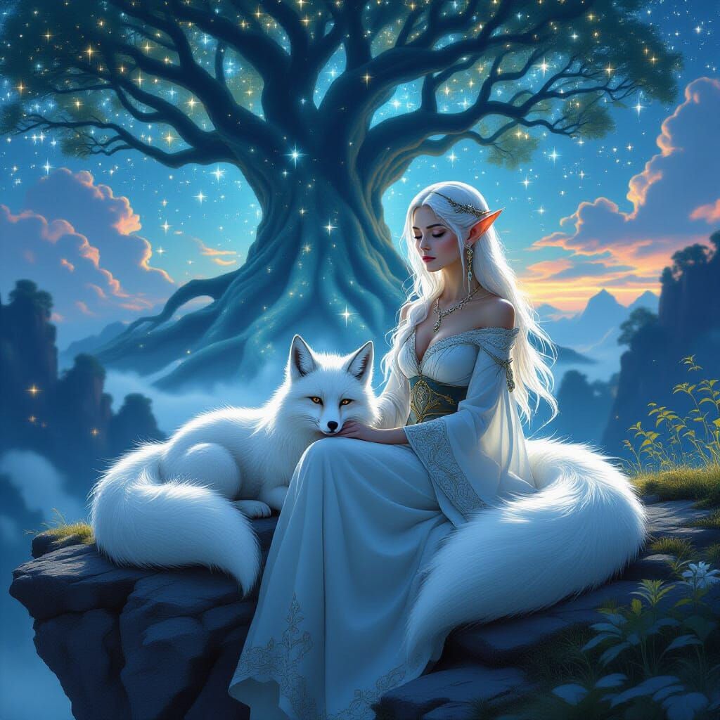 Enchanting Elf with Nine-Tailed Fox in Mystical Forest