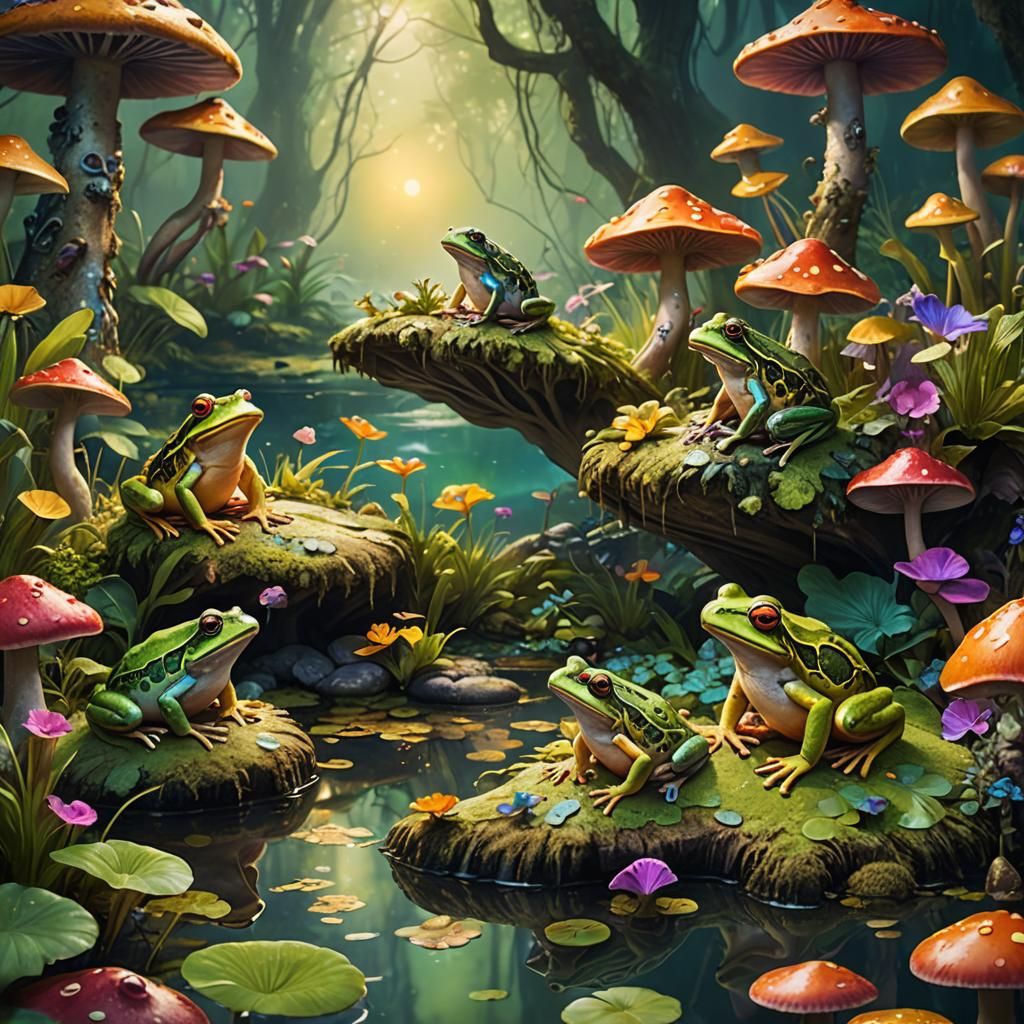 Frogs on Mushrooms in Mystical Sunlight