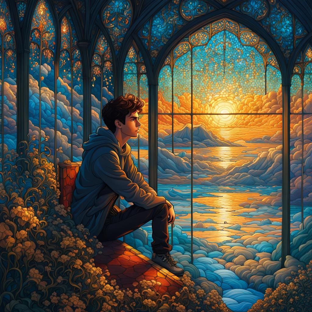 Enchanting Stained Glass Portrait in Golden Light