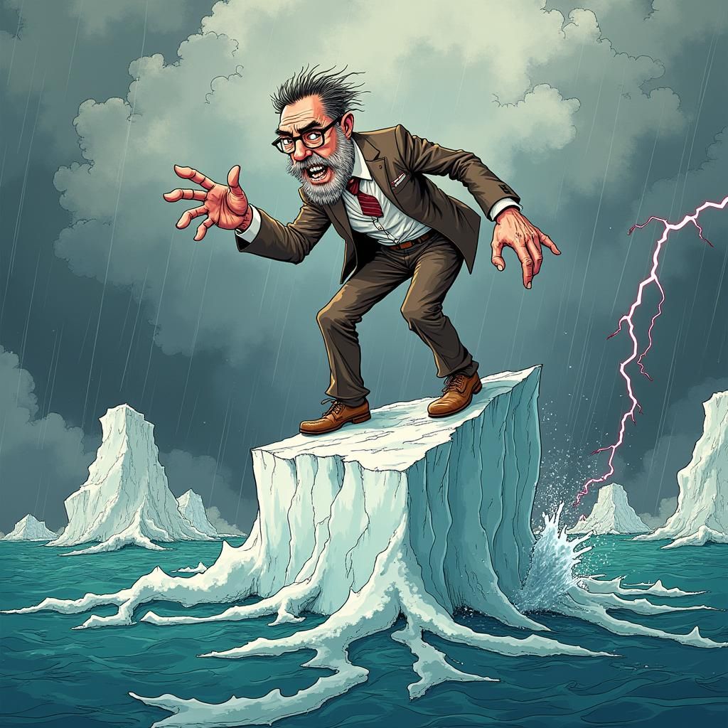 Satirical Climate Change Denier on Melting Iceberg