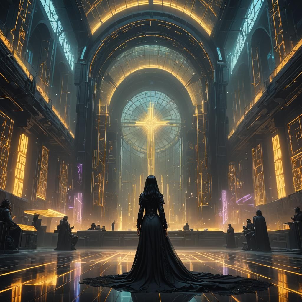 Woman Praying in Neon Cyberpunk Cathedral