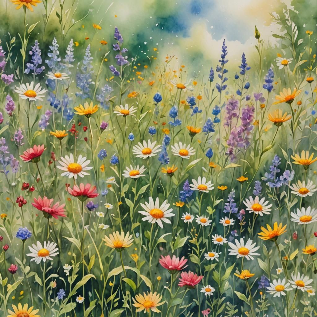 Wildflower Field in Watercolor 3D with Sunshine