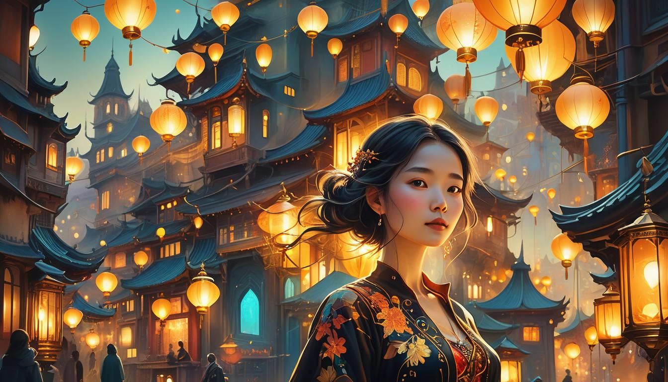 Surreal Woman in Cityscape with Lanterns, Digital Art