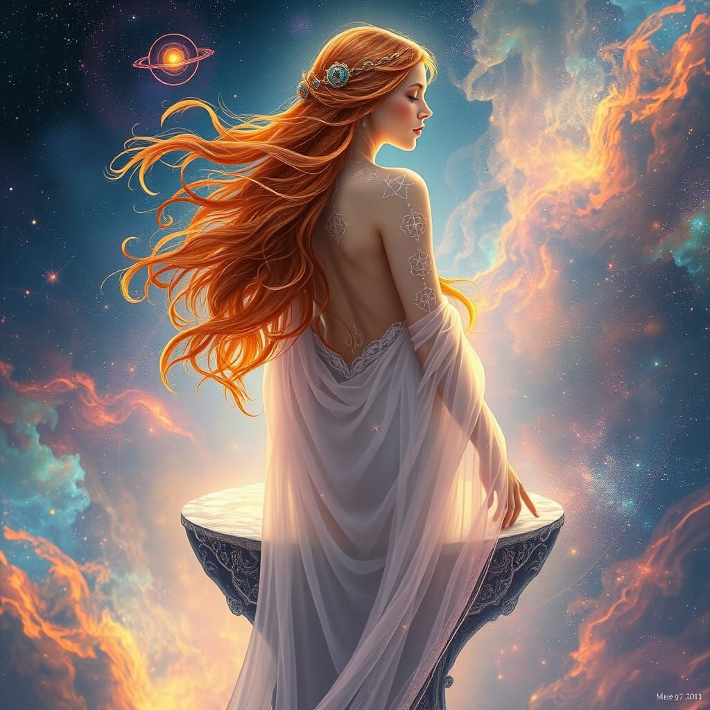 Ethereal Woman in Cosmic Realm with Fiery Locks and Shimmeri...