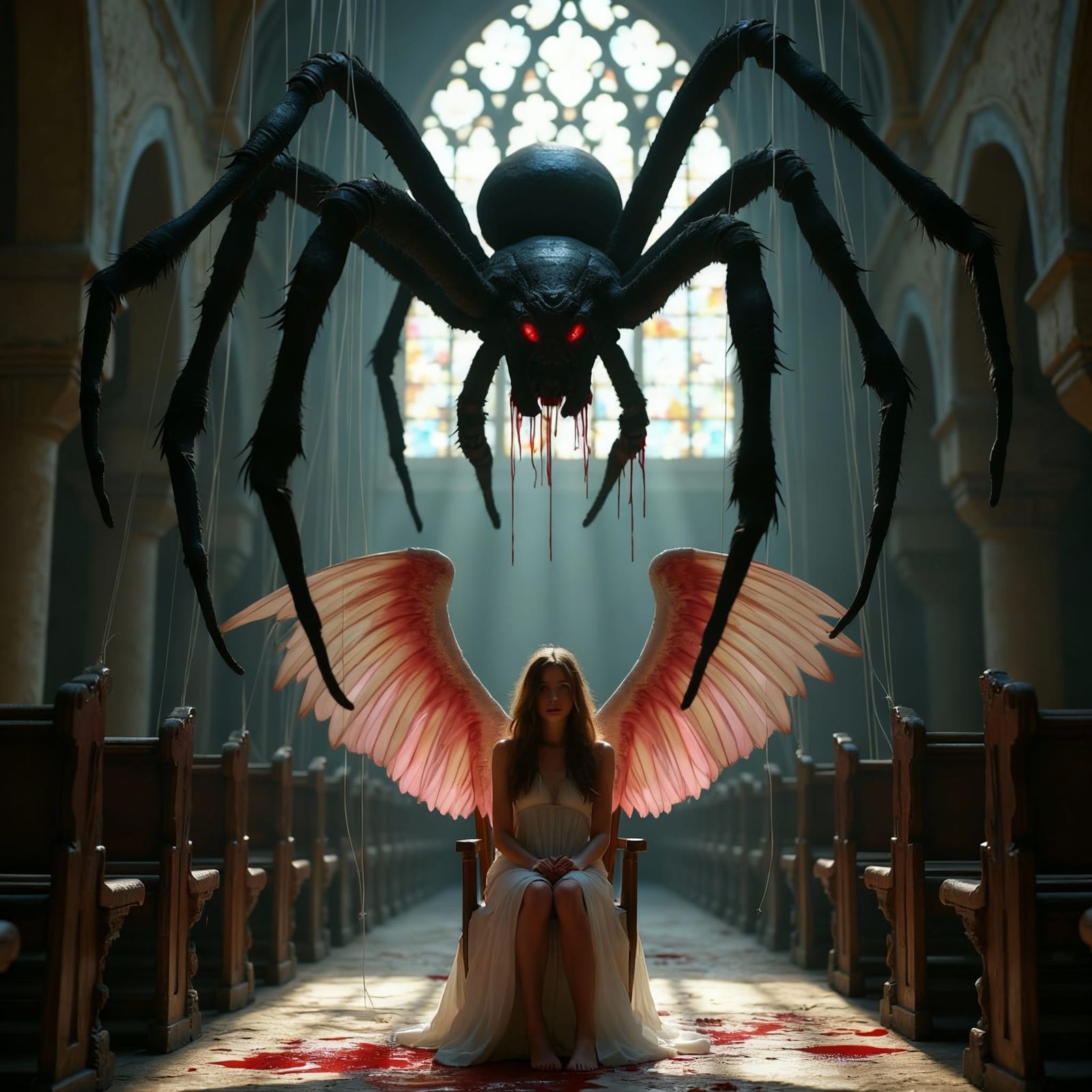 Abandoned Cathedral with Giant Spider and Woman
