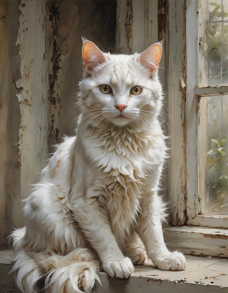 Realistic White Cat in Chiaroscuro Style
