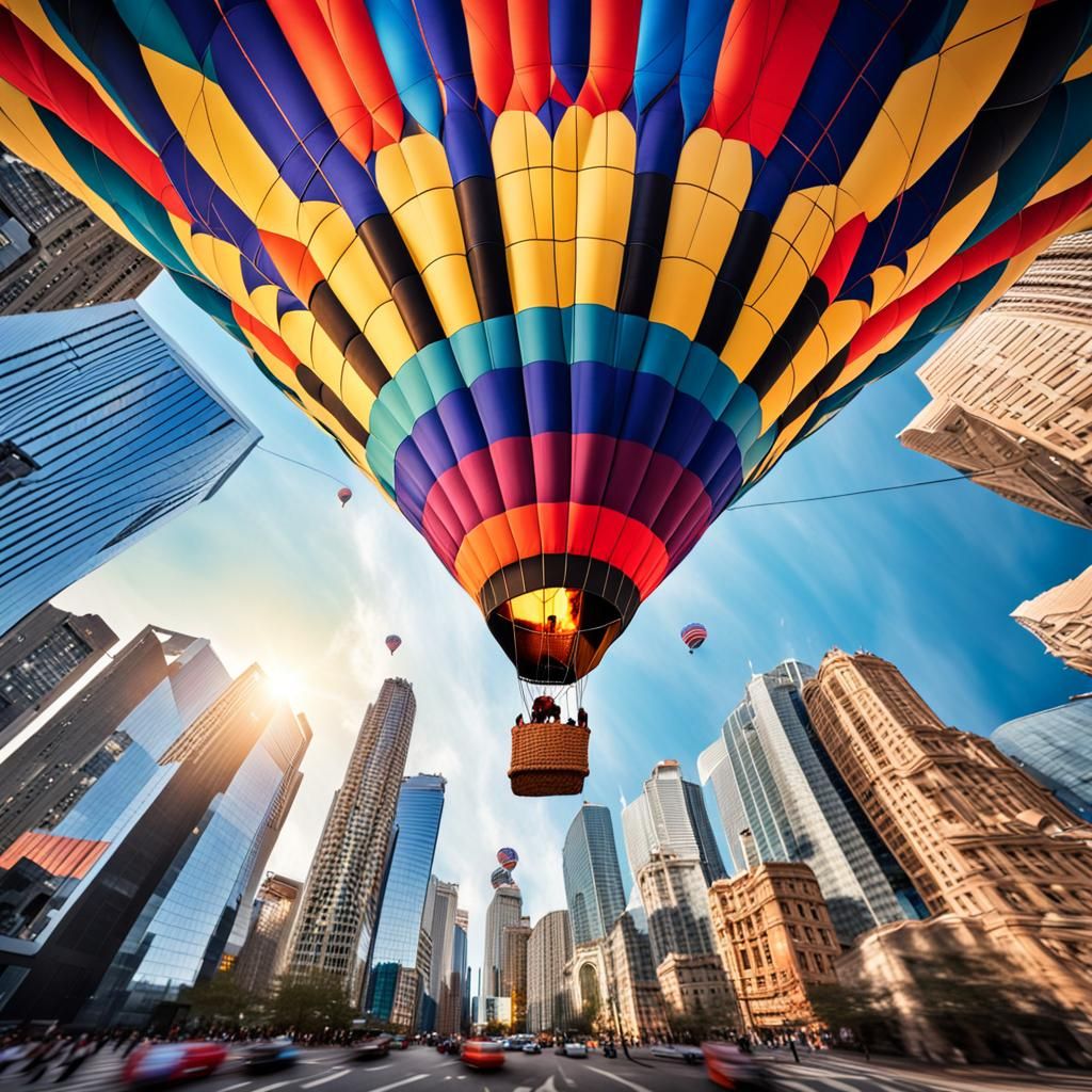 Vibrant Hot Air Balloon Over Bustling Cityscape