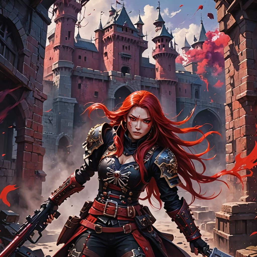 Japanese Pirate Queen in Red Armor, Digital Art