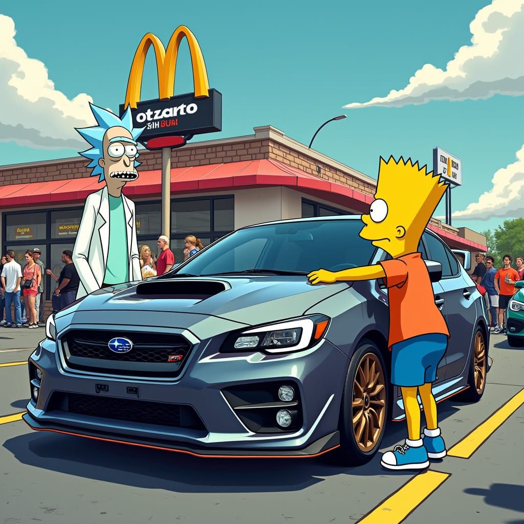 Rick and Morty Meet Bart Simpson at a Subaru Car Meet