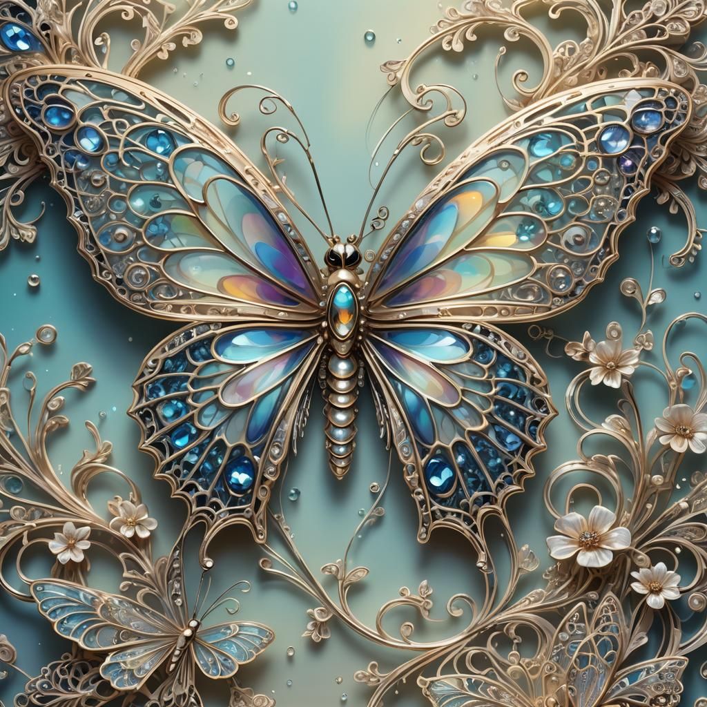 Filigree Crystal Butterfly: Digital Art Close-Up