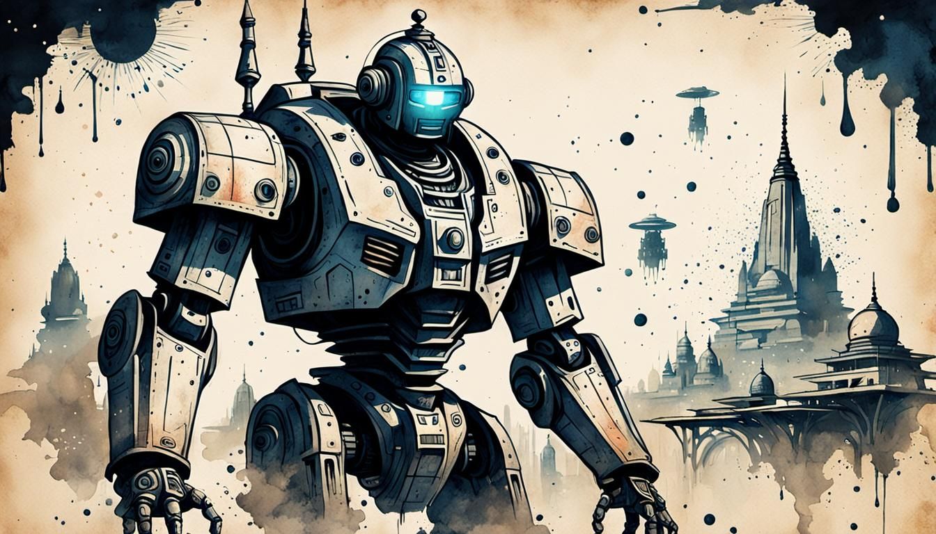 Futuristic Indian Robot Protects City: Ink Illustration