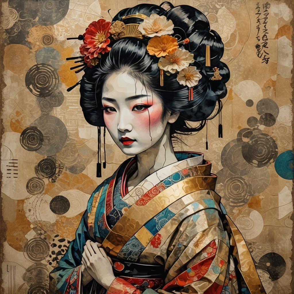 Surreal Art Nouveau Geisha Portrait in Mixed Media